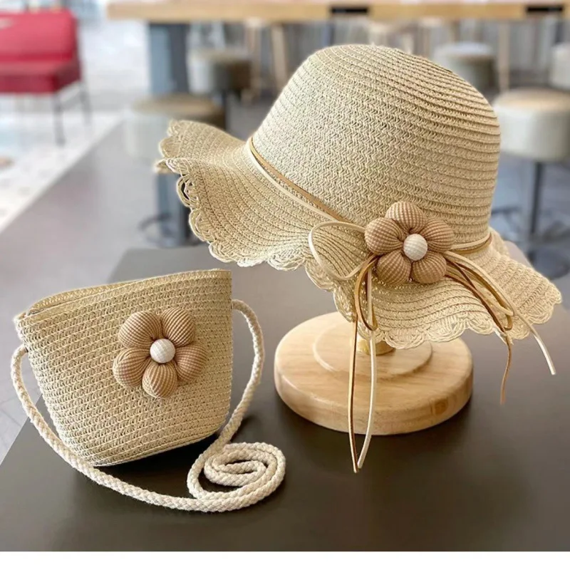 Summer Baby Flower Straw Hat With Handbag Bags 2pcs Set For