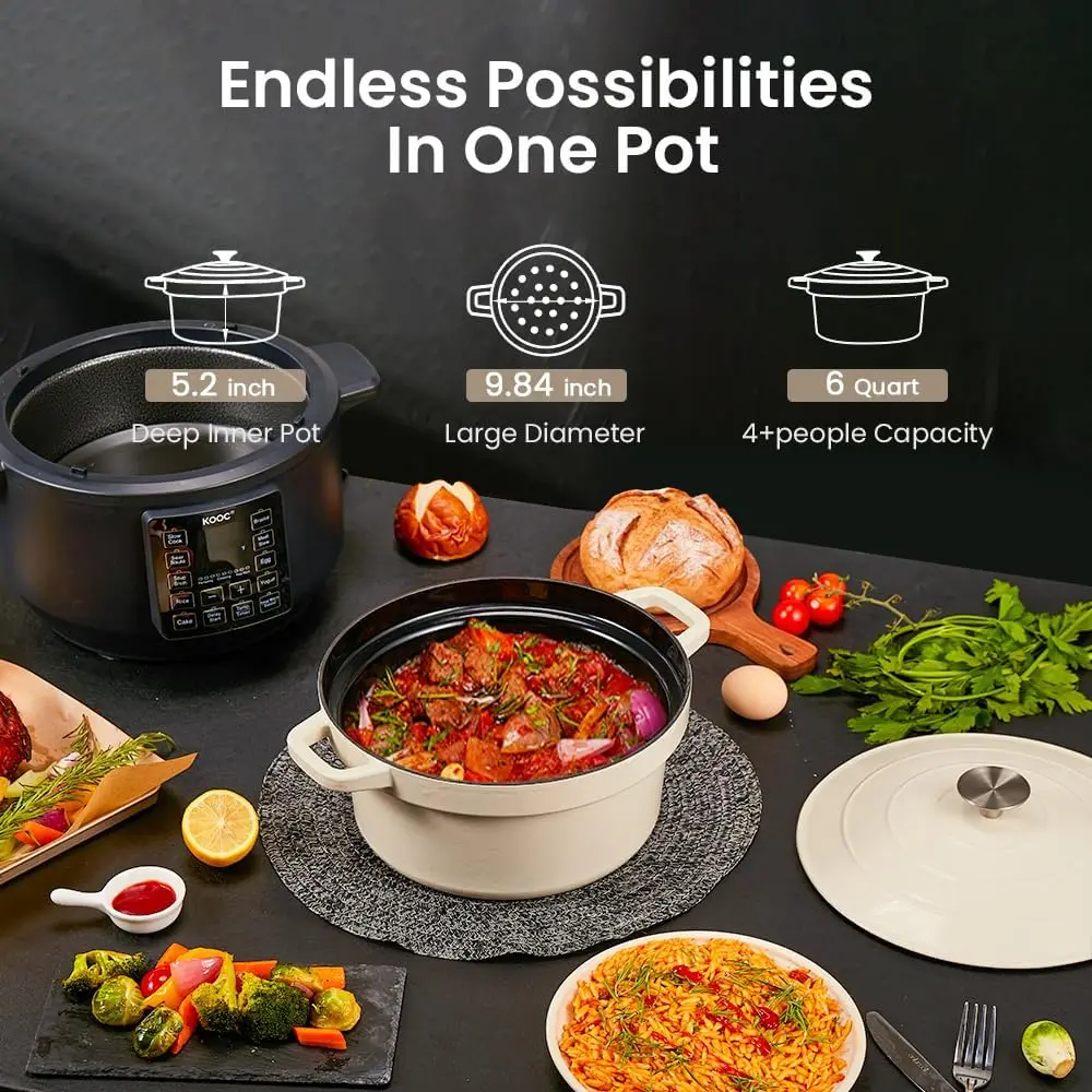 10-in-1 Slow Cooker 6 qt White, Electric Dutch Oven, Slow Cook, Braise Pot, Sear/Sauté, Enameled Cast Iron with Self-Bastin 4