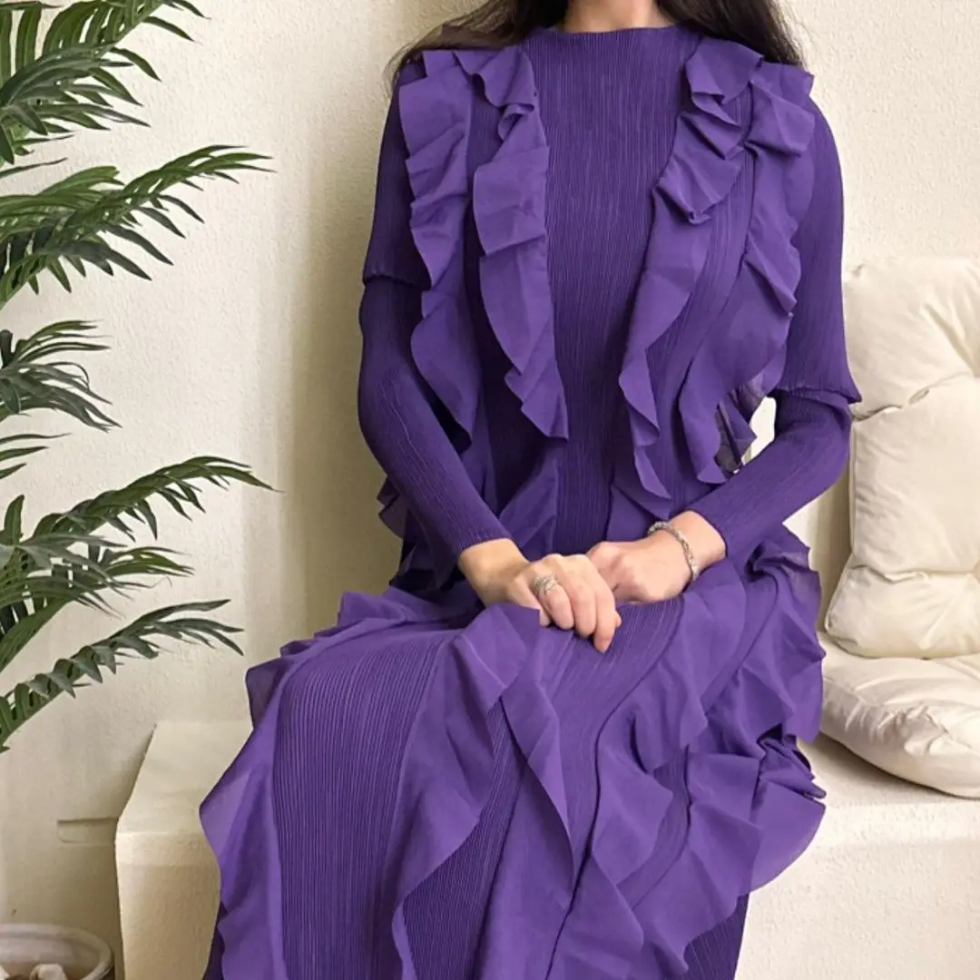 

Purple O-neck Full Sleeve Ankle Length Prom Dress Satin Checks Saudi Arabia Pleated Evening Party Dresses فساتين للحفلات الراقصة