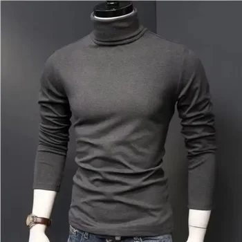 2024 Autumn New Men Mid to High Collar Warm Clothes Solid Color Outdoor Leisure Running Slimming Long Sleeve Bottom Shirt