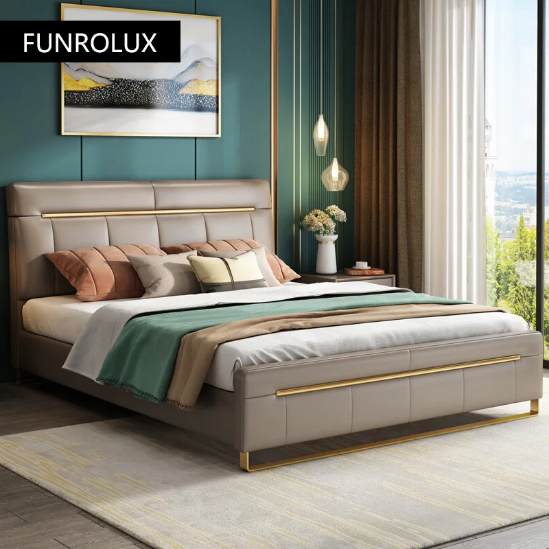 Modern bedroom minimalist bed bedroom double bed1.8M master high box marriage bed leather art soft