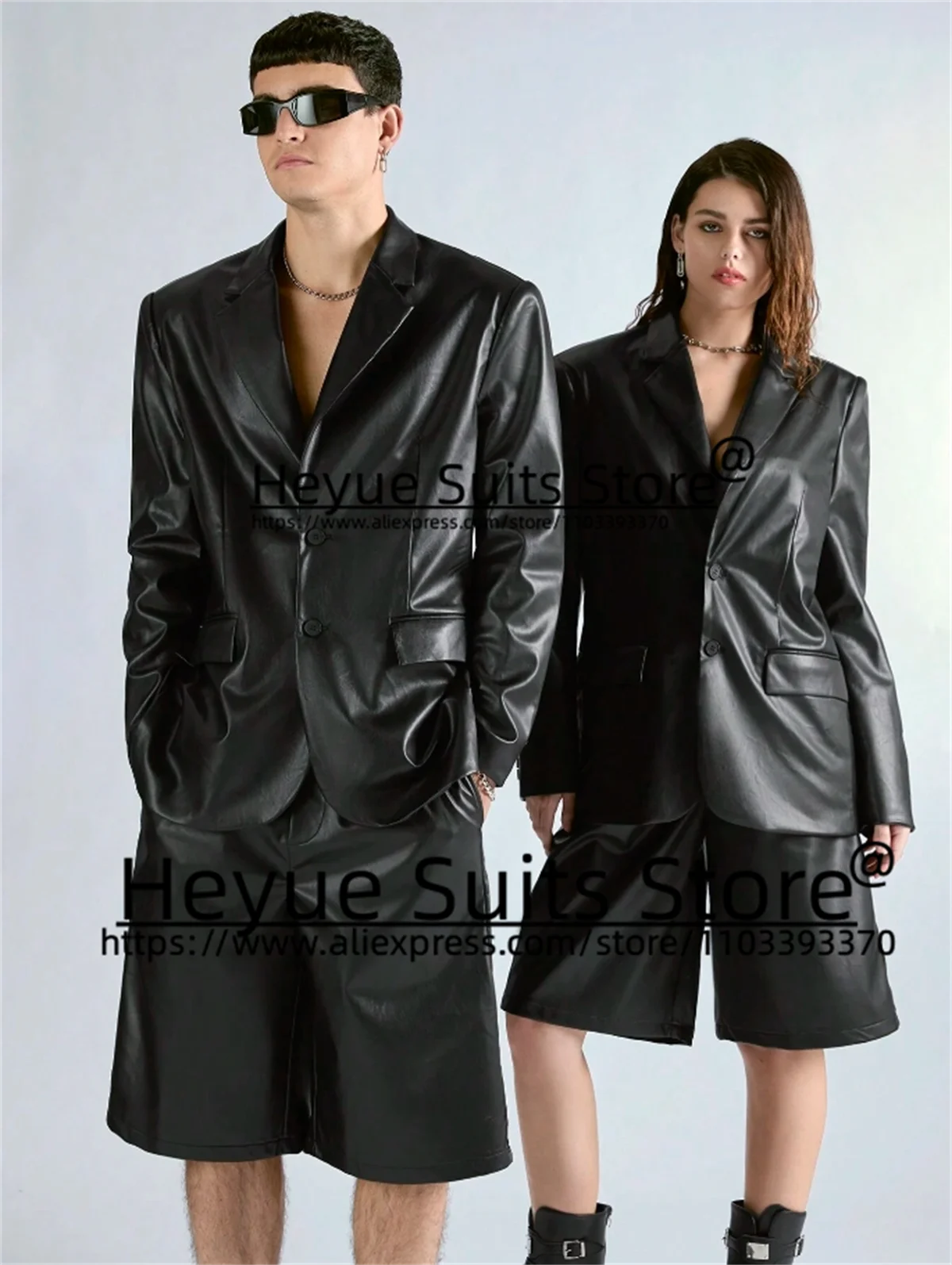 Couple Fashion Black PU Men/Woman Suits Custome Made Slim Fit Notched Lapel Prom Party Casual 2 Pieces Sets Elegant Male Blazers