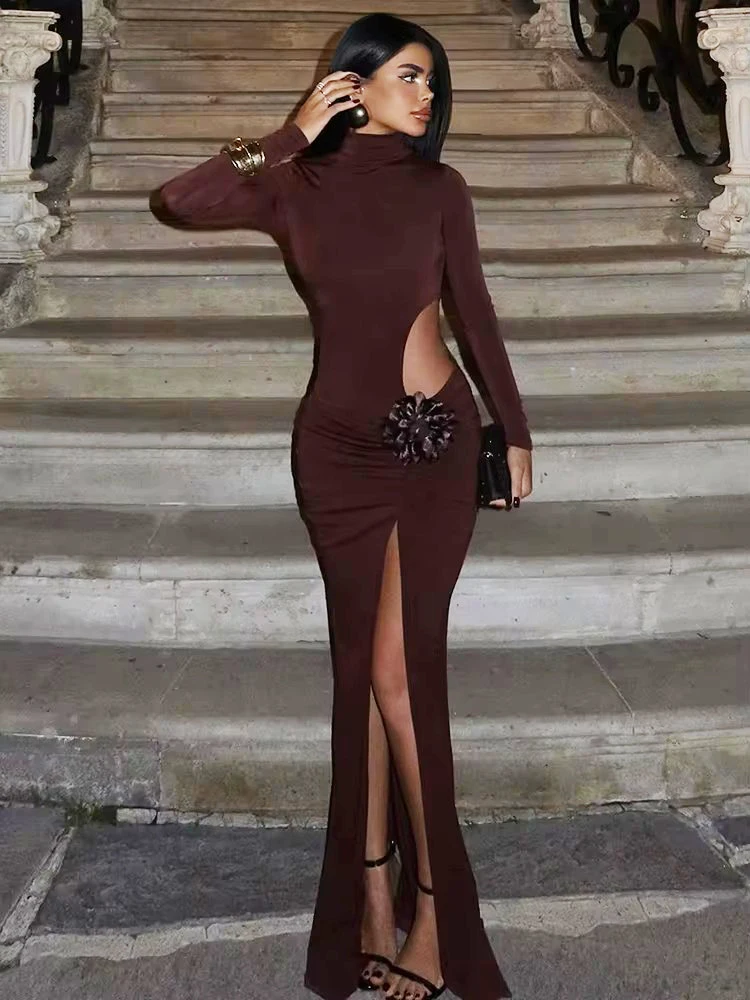 Women Dress Turtleneck Long Sleeve Maxi Hollow Out Thigh High Split Bodycon women dress