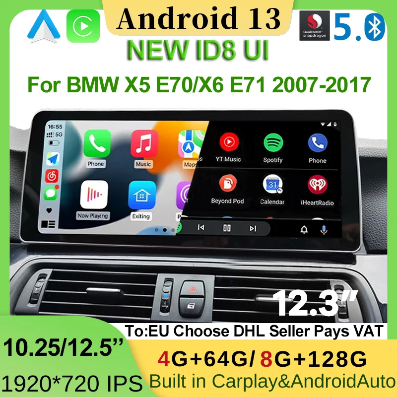 

Multimedia Snapdragon Android 13 For BMW X5 E70 X6 E71 2007-2017 CCC CIC NBT 8+256G ID8 10.25/12.5 Inch Player Navigation Radio