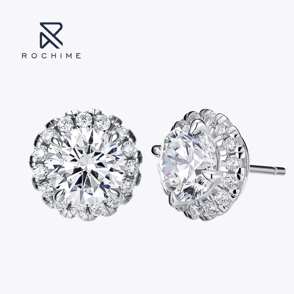 

Rochime Halo Round Brilliant Diamond Earstuds 925 Sterling Silver Gold Plated 5a Zircon Jewelry For Women