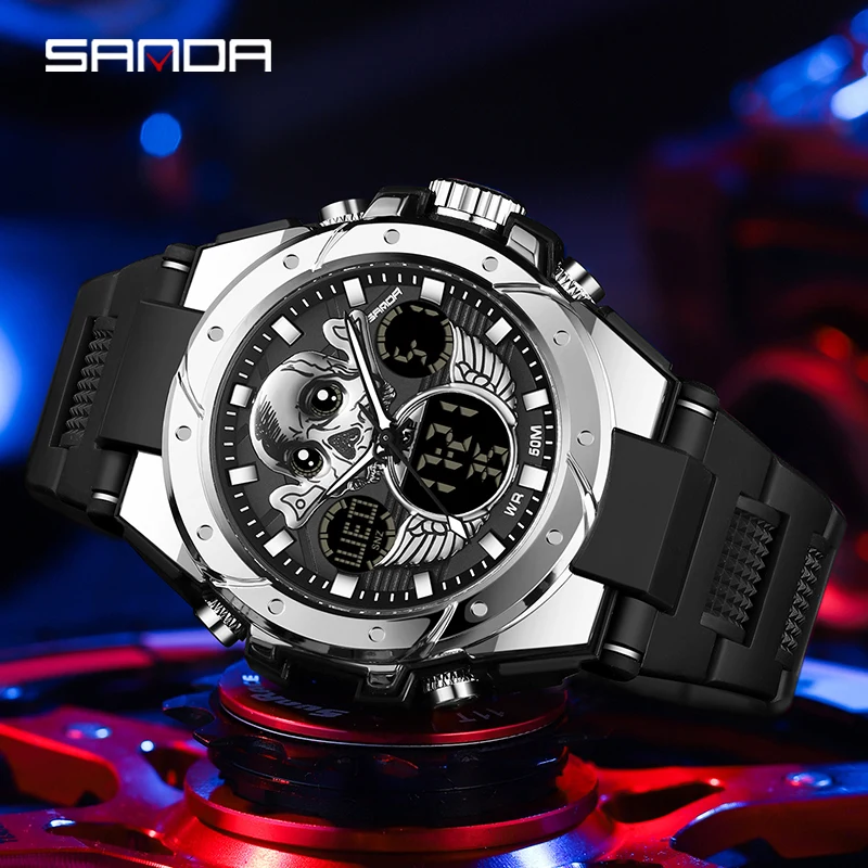 Sanda New Skull Dial Design Electronic Watch Men G Style Shockproof