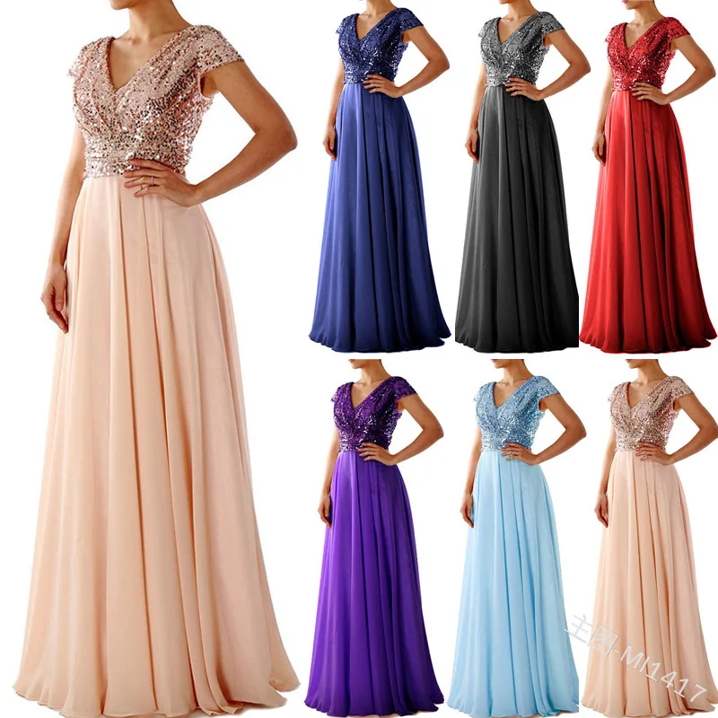 

Sexy Y2K Fashion Short Sleeve V Neck High Waist Patchwork Floor Length Evening Dress Elegant Women Corset Sequins Party Dress