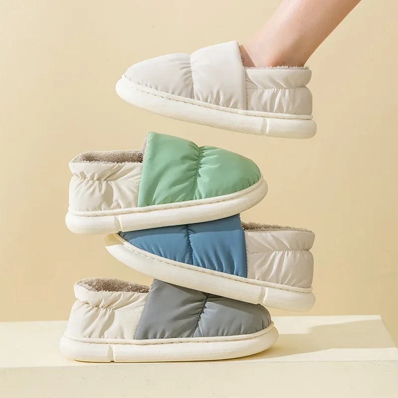 2023 New Waterproof Women Slippers Outside Thick Bottom Super Warm Plush Platform Winter Down Non-slip Cotton Shoes  for Couples