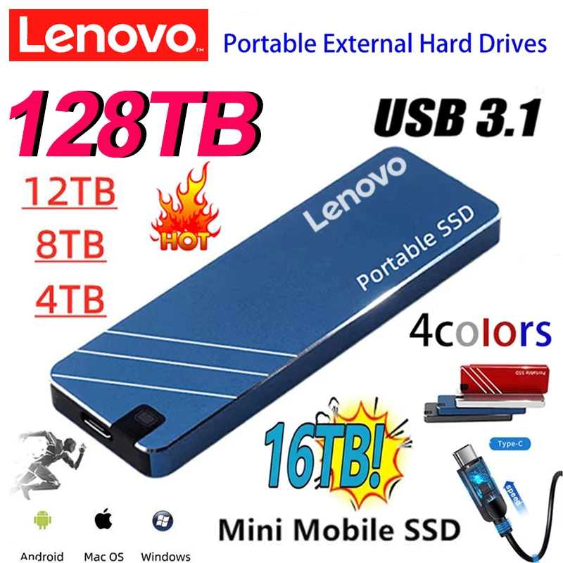 Портативный внешний твердотельный накопитель Lenovo 2023 Mini SSD Type-C/USB3.1, высокоскоростной 4 ТБ 16 Тб, жесткий диск для ноутбука, жесткий диск