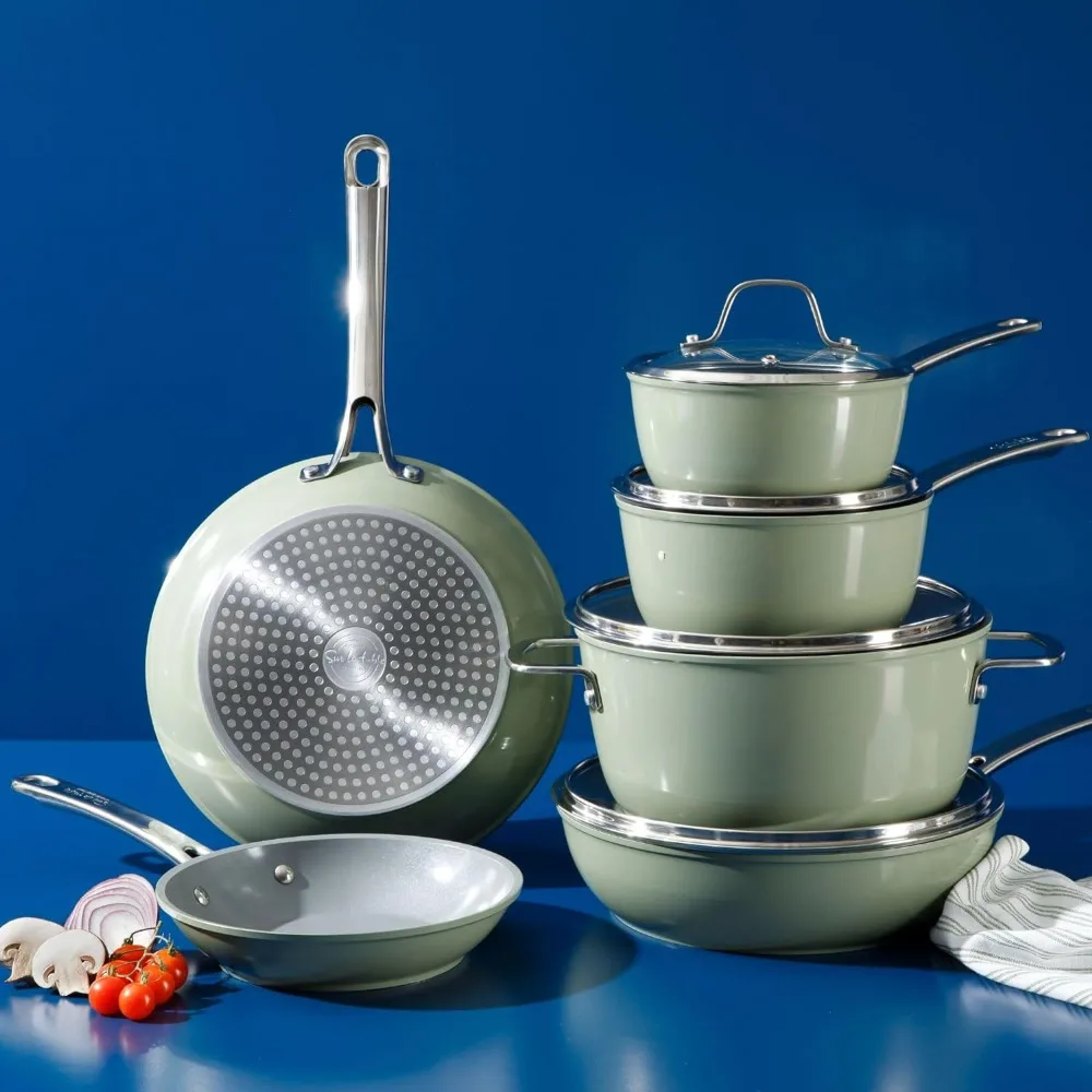 

10 Piece PFA Free Non-Toxic Titanium Ceramic Nonstick Interior Aluminum Cookware Pots and Pans, Induction Compatible Cookware
