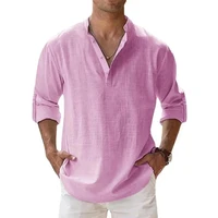 Streetwear Men Lightweight Shirts Long Sleeve Henley Cotton Linen Shirts for Men Beach Hawaiian Shirts Breathable Collar Tshirts 5