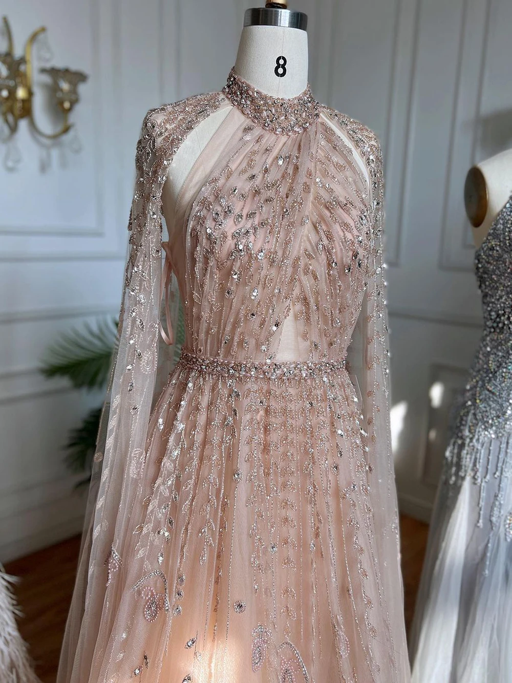 Serene Hill Dubai Arabic Luxury Nude A Line Beaded Evening Dresses With Cape Sleeves Gowns For Women  Wedding Party 2023 LA71803