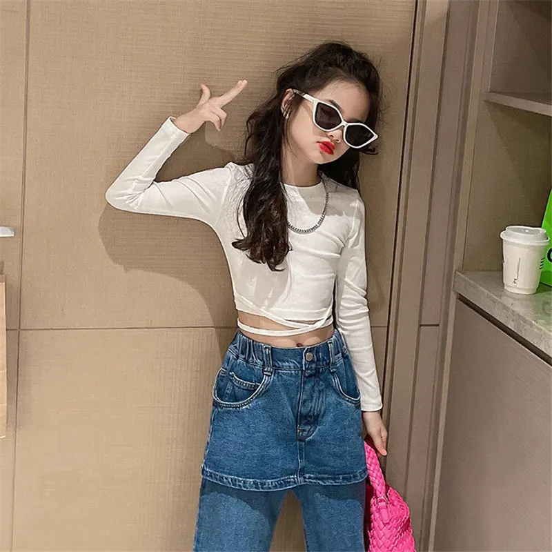 Spring Autumn Girls T Shirt Top with Straps Cross Teenage Tee Shirt Toddler Children Clothes Fashion Kids Crop Top 5-14Years Old 3