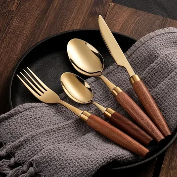 Set di posate con manico in legno 4 pezzi coltello in acciaio inossidabile forchetta cucchiaio vestito Sapele posate occidentali in legno lavabile in lavastoviglie articolo da cucina 1