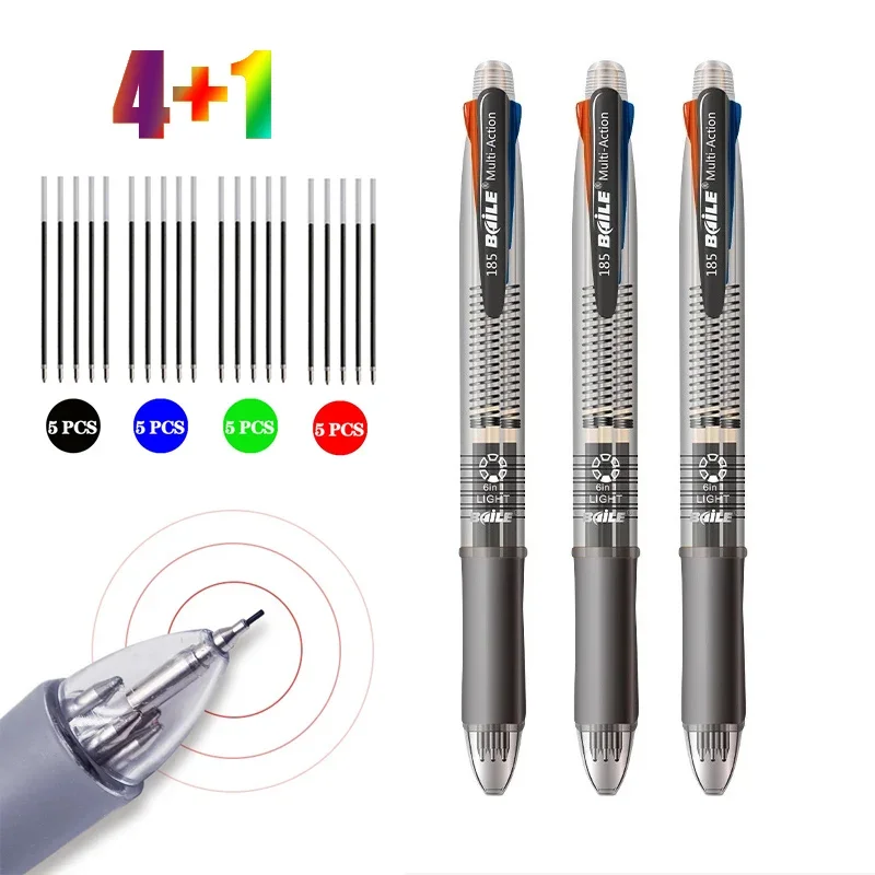 5 In 1 Multicolor Ballpoint Pens with 4 Colors Replaceable Pen Refills 1 Automatic Pencil Lead Kawaii Stationery Top Eraser p1308d 25pcs multimeter silicone test lead kit with replaceable needle spanner alligator clip 4mm banana plug to test hook cable