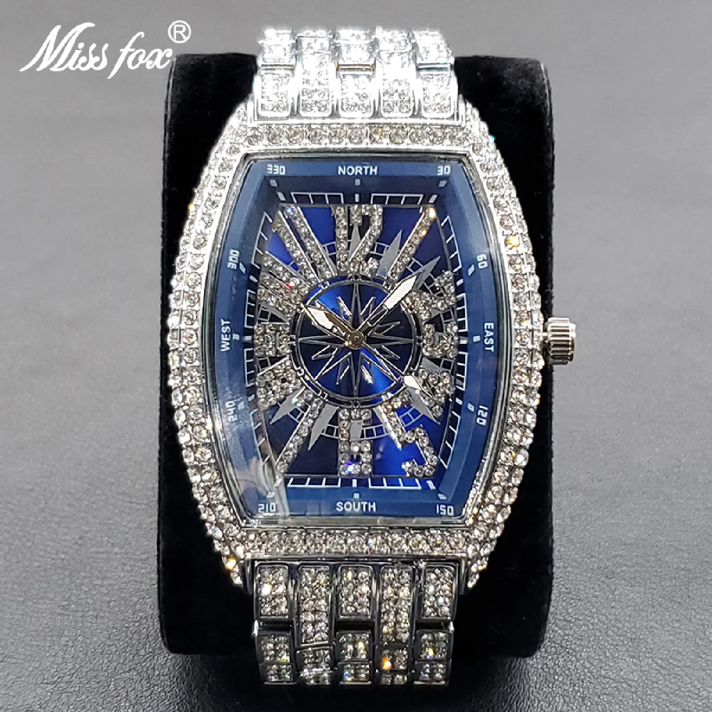 

Fashion Tonneau Men Watches Top Brand Luxury Diamond Hip Hop Blue Wristwatch Stylish Shiny Iced Out Waterproof Muller Watch Gift