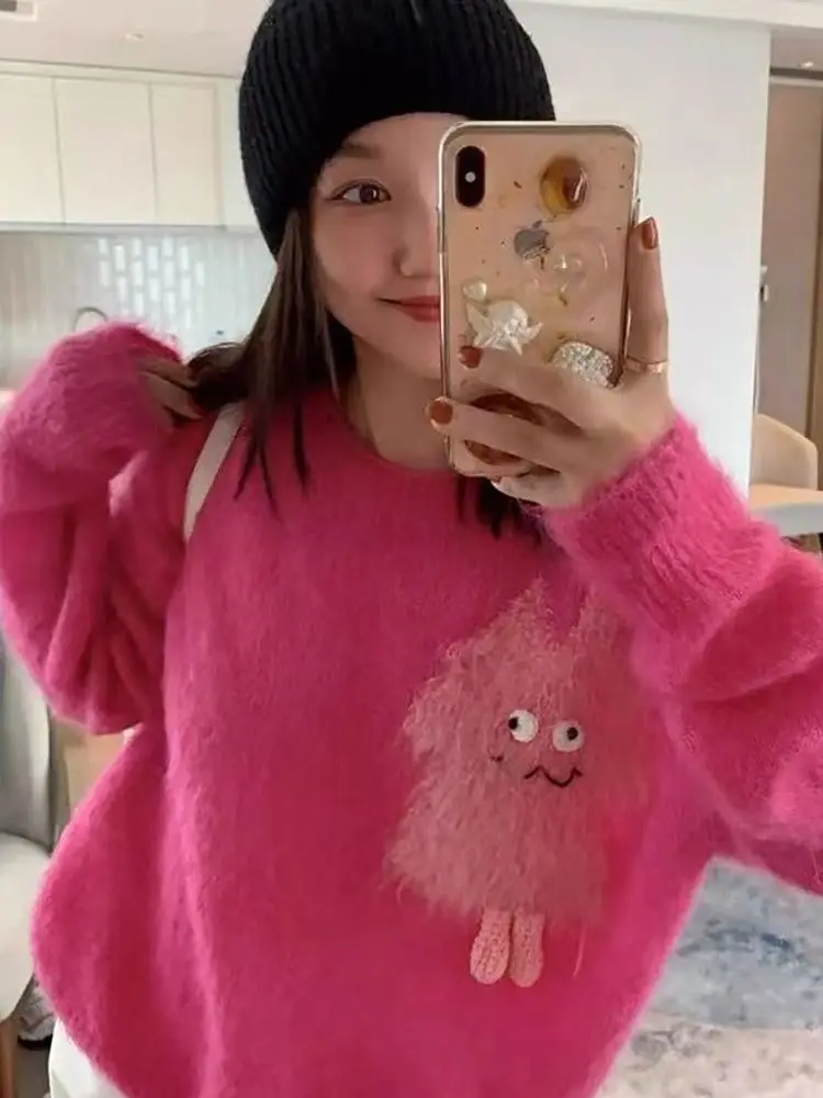 

2023 Autumn And Winter New Wear With Fashion Sweater Women Loose And Lazy Little monster Sweet Barbie Powder Soft Waxy Knit 084