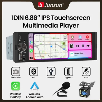 Junsun Radio Estéreo para Auto Universal de 6.86 Pulgadas 1 Din, Reproductor MP5, Carplay Inalámbrico, Android Auto, Multimedia para Auto, Cámara Trasera, Pantalla Táctil IPS 1280*480, Mirror Link, Navegación GPS, Siri, BT, SWC, FM, MIC, AUX, USB Tipo-C, Autoradio 1