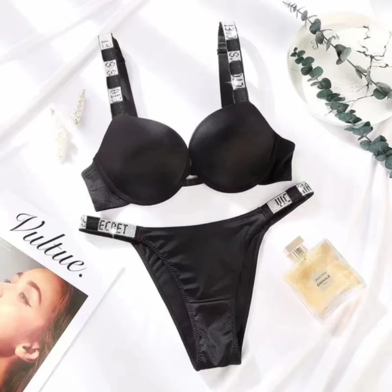 Sexy Large Diamond Shoulder Strap Underwear Set Solid Color Lady's Comfortable Underwear Two-piece Set