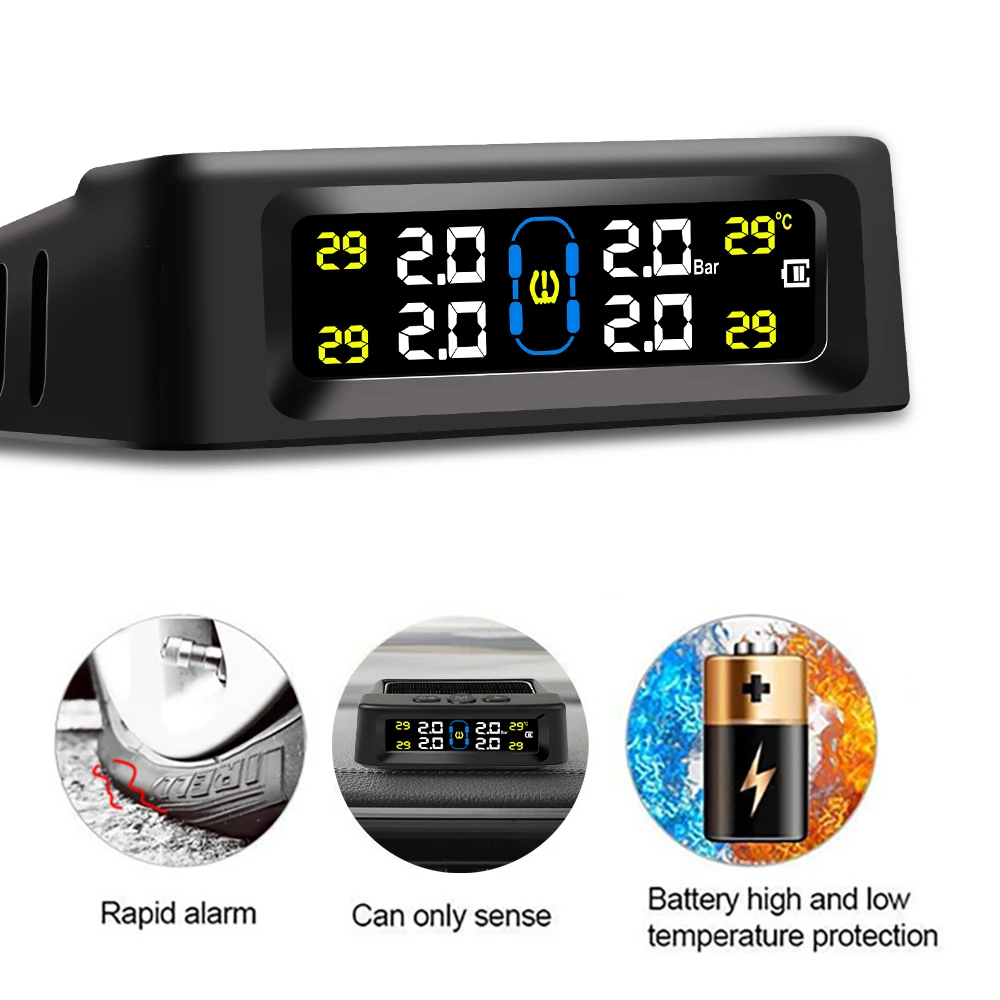 Car Tire Pressure Monitor Solar TPMS Car Tire Pressure Alarm Digital Colorful Display 4 External Sensors Waterproof Tire Pressure Temperature Warning