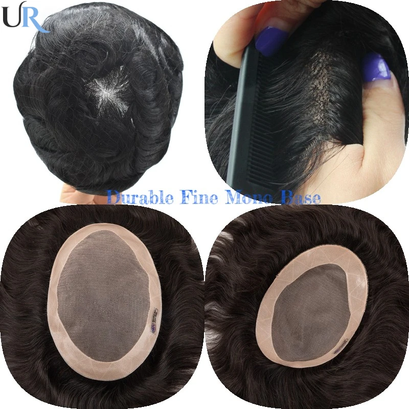 Durable Male Hair Prosthesis Natural Human Hair Fine Mono Men Toupee Replacement System Unit Man Hairpiece Men Wig