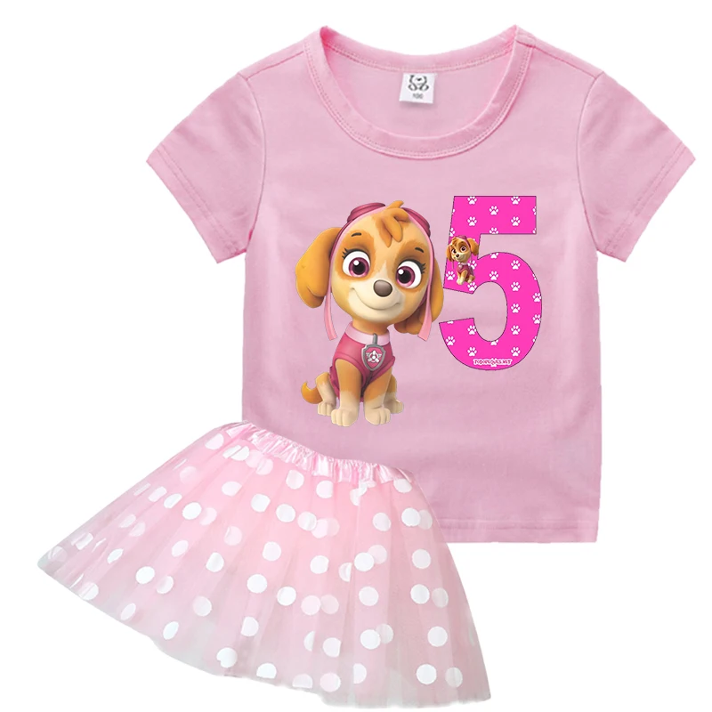 Paw Ronds Skye Girl T Shirt Dress Suit Baby Birthday Number Clothes Tulle Tutu Gonna Tees Kids Summer 2Pcs Abbigliamento Outfit Set