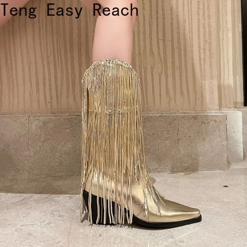 2024 Women's Silver Tassel Western Boots Fashion Spring and Autumn Pointed Thick Heels Western Boots Gold Green Pink Black