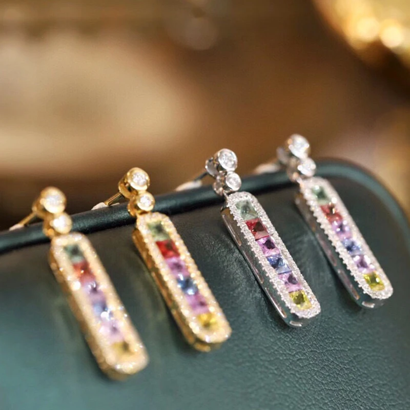 Aazuo 100% 18K White Gold Yellow Gold Natural Sappires Real Diamond Long Drop Earrings Gifted For Women Engagement Wedding Party
