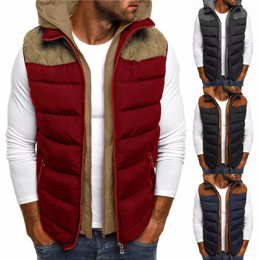 

Anti-freeze Men Waistcoat Double Zipper Wear Resistant Men Waistcoat Soft Color Contrast Hooded Jacket Vest Coat for Men