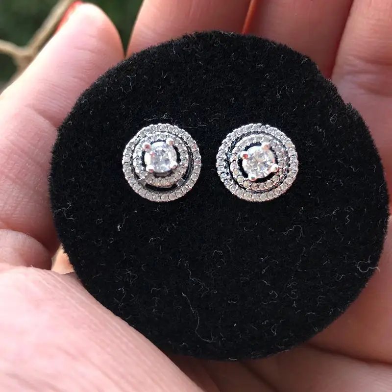 2022 Authentic 925 Sterling Silver Earring Sparkling Star Blue Gem Golden Heart Halo Stud Earrings Women Jewelry BirthdayGift