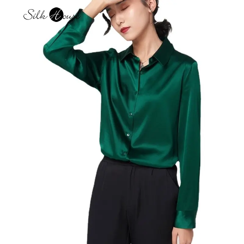 Silk Shirt Women's 2023 Spring Satin Business Dress Color Contrast Silk Long Sleeve Shirt Commuter Slim Square Neck Top