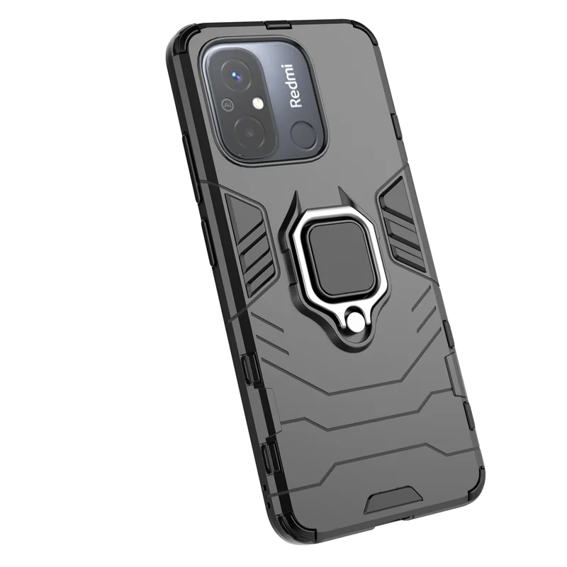Rugged Shockproof Armor Phone Case with Magnetic Ring Holder and Back Cover in Black