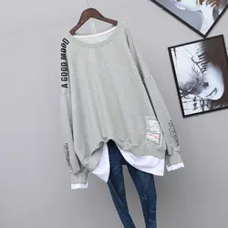 Spring and Autumn Women's Pullover Round Neck Letter Splice Fake Two Pieces Medium Length Loose Fashion Casual Long Sleeve Top