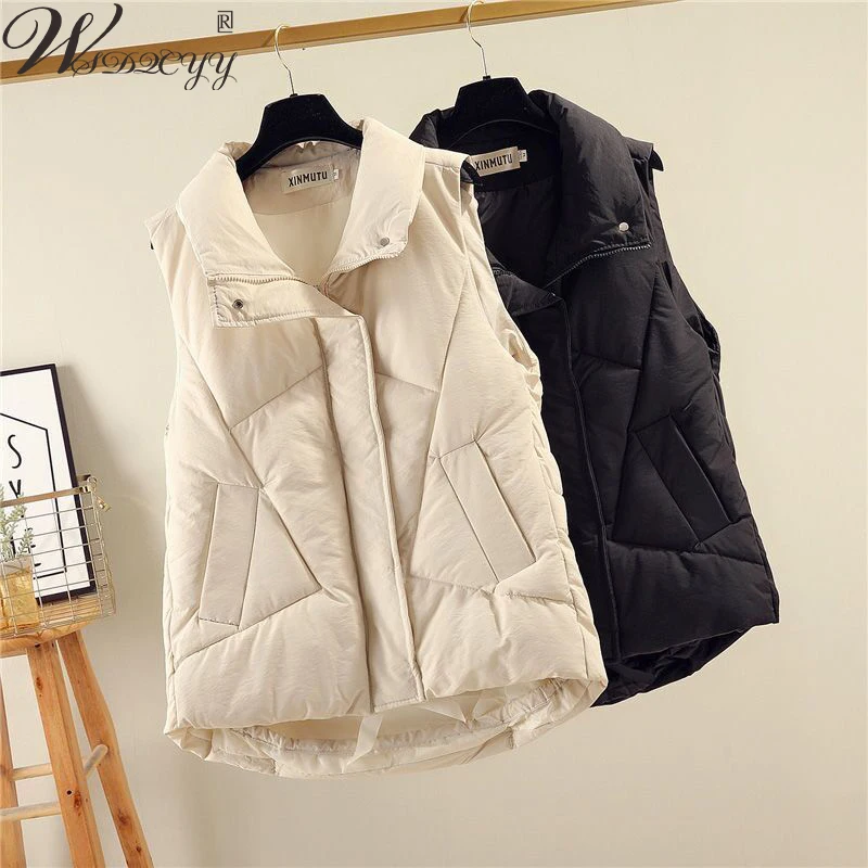 Plus Size Cotton Down Vest Women Solid Sleeveless Puffer Jacket Winter Windproof Waistcoat Snow Wear Oversized Turn Down Coat