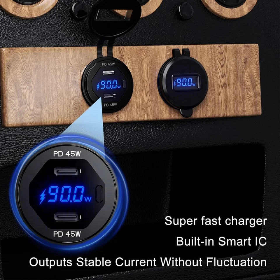 90W Super Fast Car Charge adattatore accendisigari QC3.0 + porta PD ricarica rapida Display a LED potenza 12V 24V per barca RV impermeabile  34