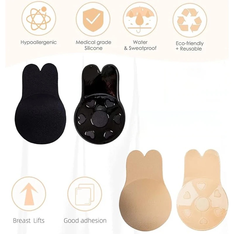 Women's Invisible Adhesive Bras Bunny Nipple Covers Reusable Sticky Bra Self-Adhesive Silicone Push Up Bralette 1 Pair