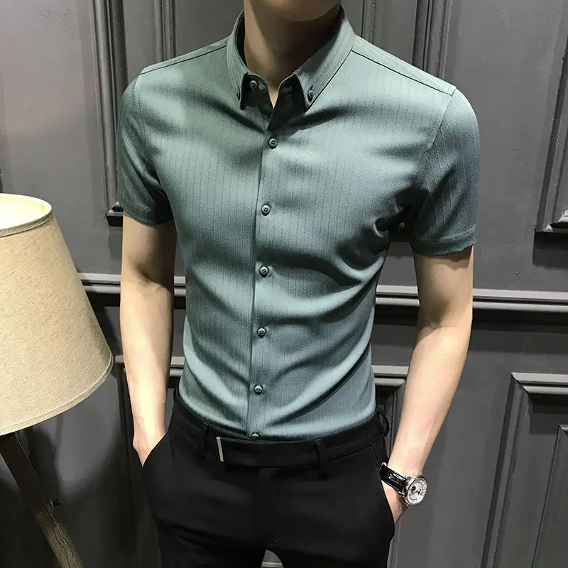 thumbnail image 1 of Camisas y blusas musculosas para hombre, camisetas negras a rayas de manga corta para hombre con cuello, estéticas, normales, elegantes, de algodón y seda, 1 of 5