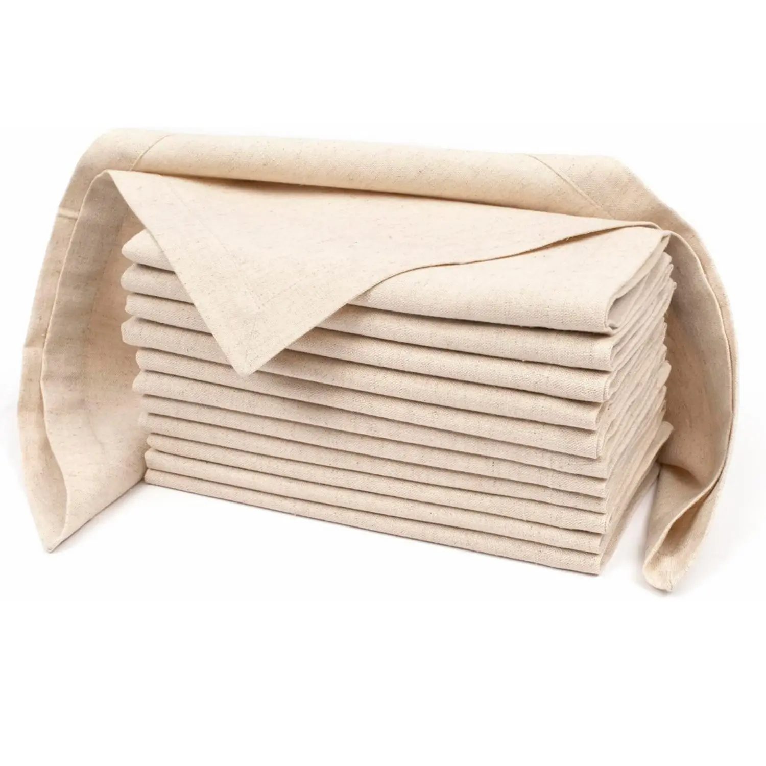 Linen Flax Cotton Dinner Napkins - Set of 12 Natural Fabric Wedding Napkins with Mitered Corners