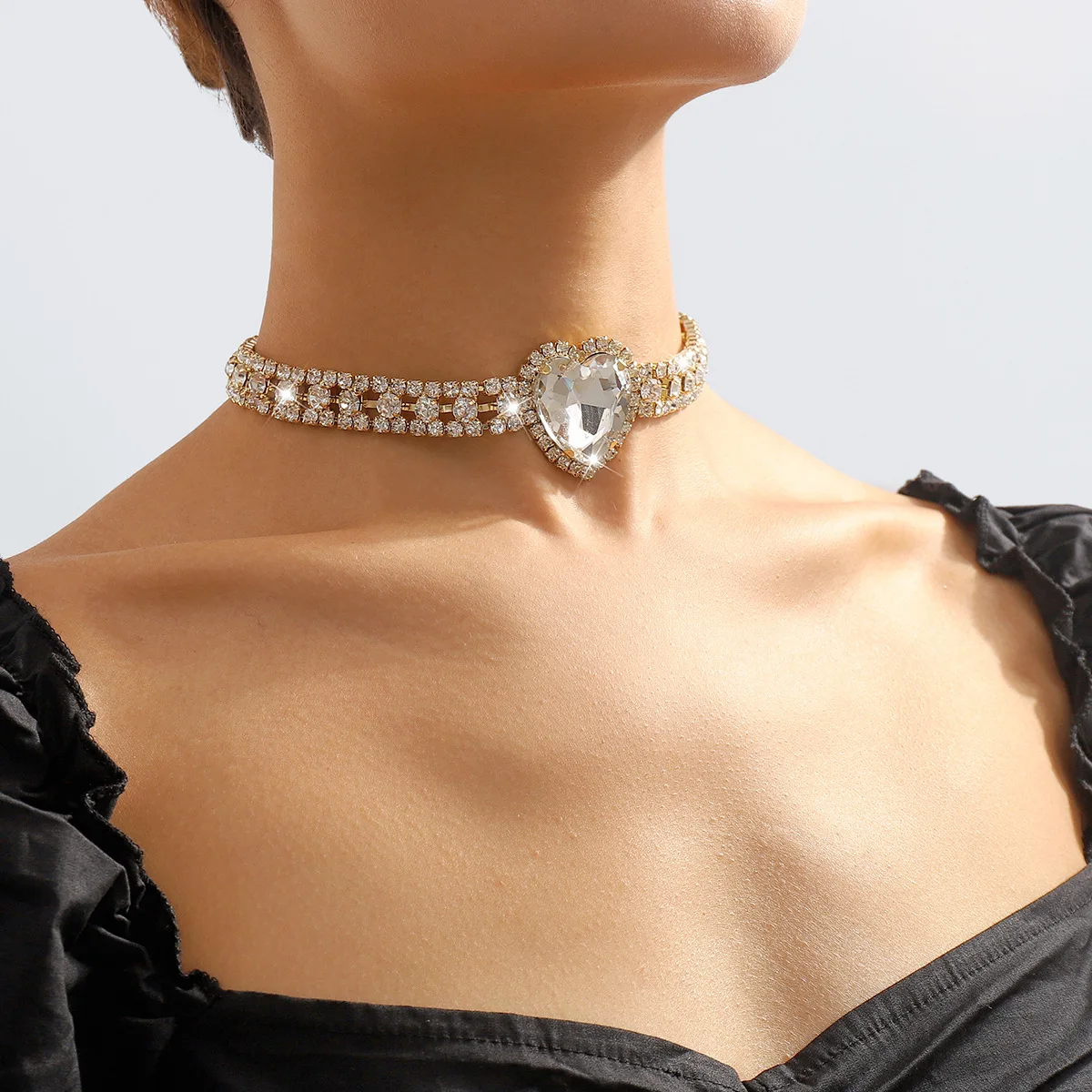 Ailodo Multilayer Tennis Chain Big Crystal Heart Choker Necklace For Women Luxury Party Wedding Necklace Fashion Jewelry Gift