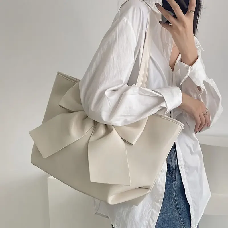 

Bow Tote Bags for Women Commuter Large Capacity Underarm Shoulder PU Leather Handbag Temperament Elegant Luxury Ladies Totes Bag