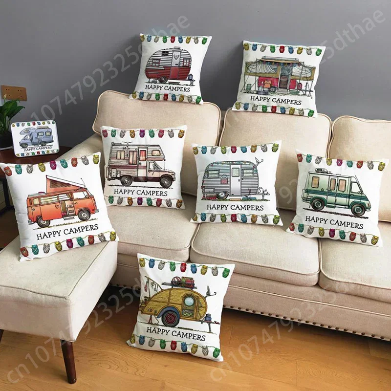 Happy Campers Car Soft Cushion Cover Printsed Pillow Covers Soft Throw Pillow Case Sofa Home Decorate Owl Pillowcase 45x45cm corduroy stripe cushion cover nordic solid color simple pillowcase 45x45cm soft skin friendly decorative pillow covers for sofa