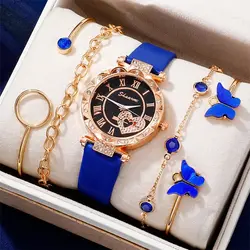 5pcs Set Womens Watches Bracelet Set Fashion Heart Rhinestone Quartz Wristwatch Ladies Casual Simple Watches Relogio Feminino
