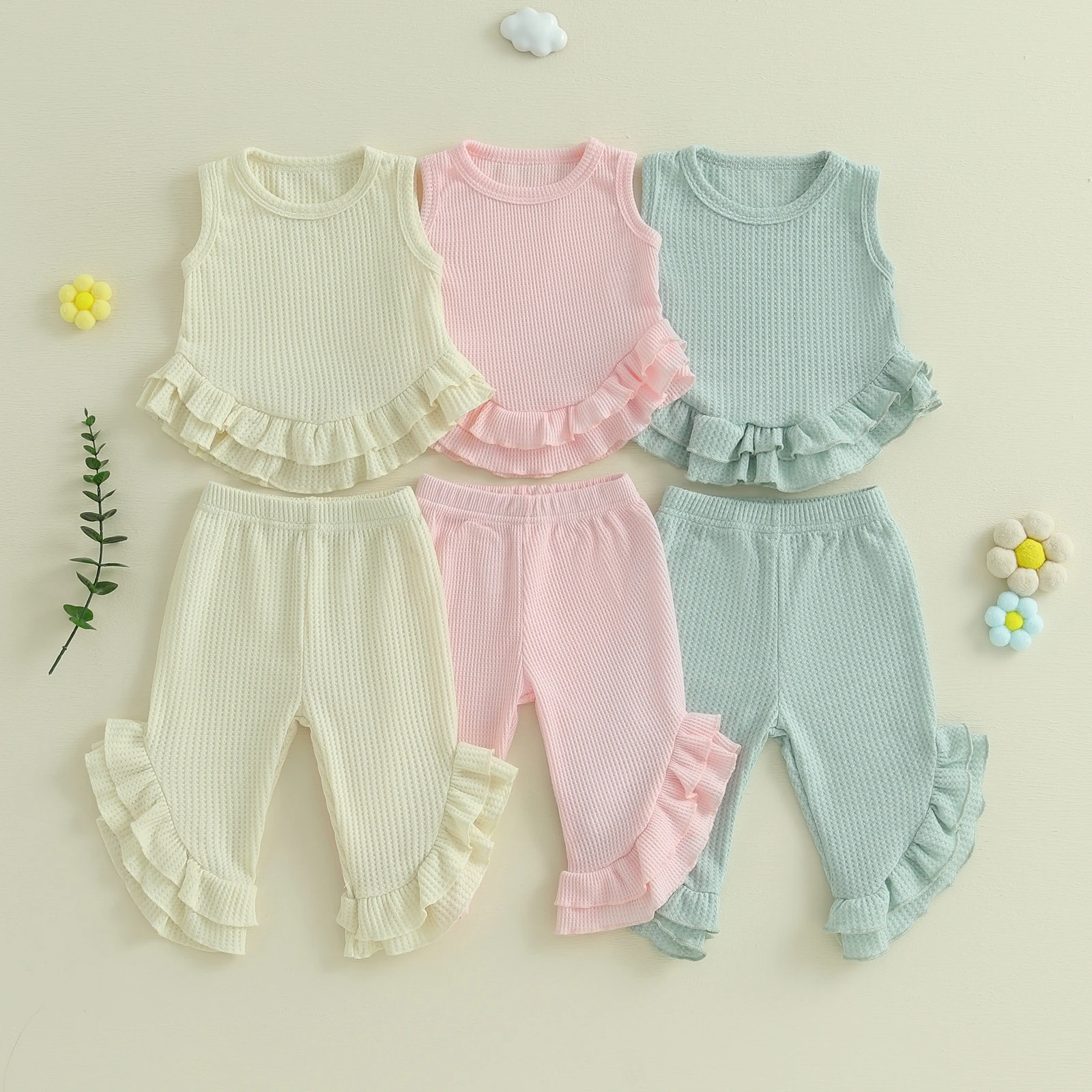 FOCUSNORM 0-4Y Fashion Kids Girls Summer Clothes Sets Solid Waffle Sleeveless Ruffled Tank Tops with Long Pants