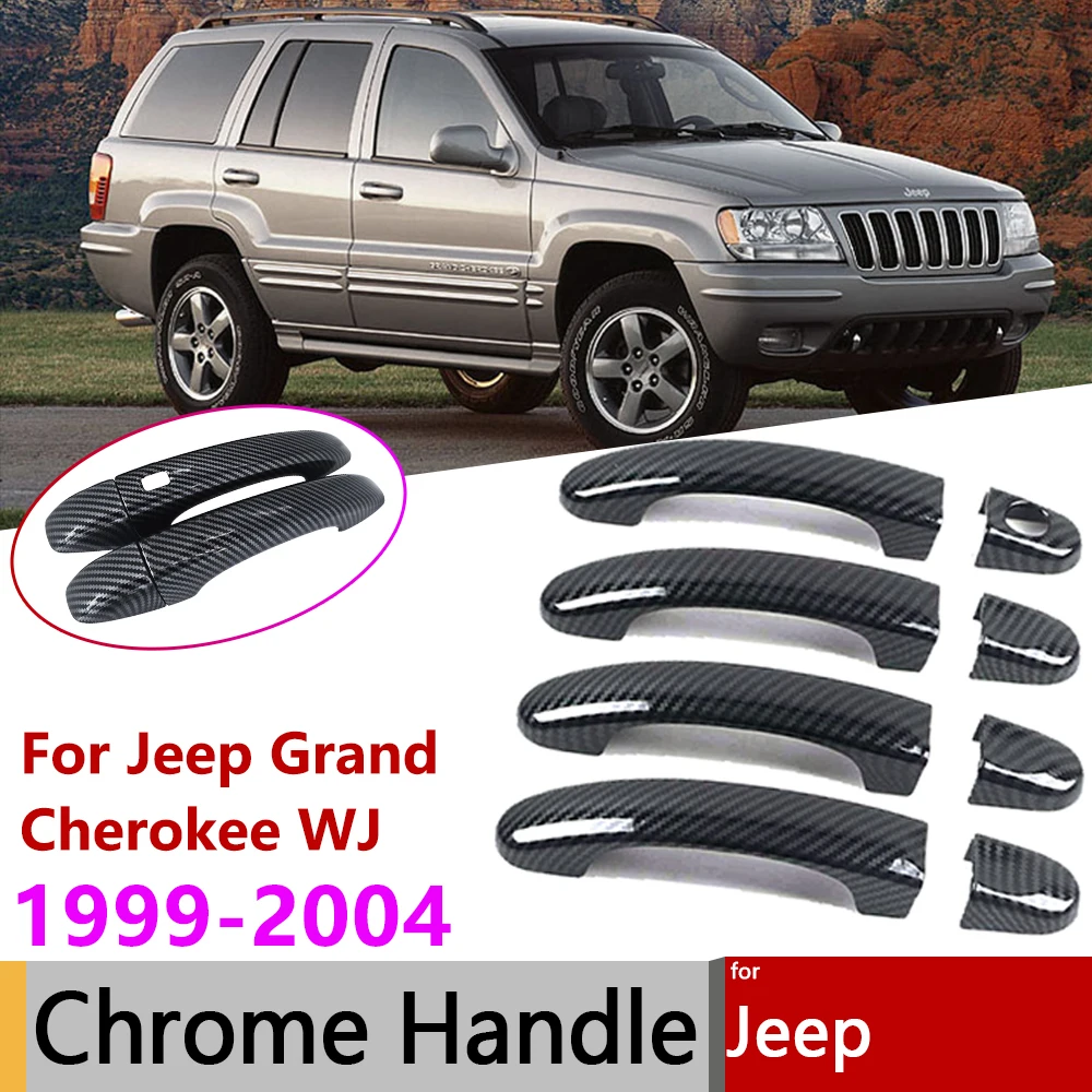 For Jeep Grand Cherokee WJ 1999 2000 2001 2002 2003 2004 Gloss Black Carbon Fiber Chrome Smart Door Handle Cover Trim Exterior