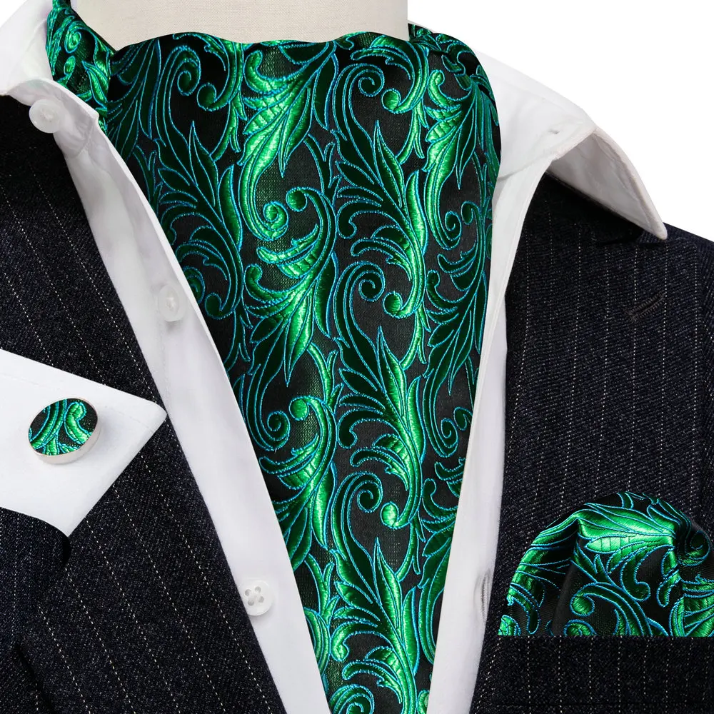 

New 2023 Green Men Silk Cravat Set Luxury Paisley Ascoat Tie Handkerchief Cufflinks Wedding Gift Designer Barry.Wang SA-0107