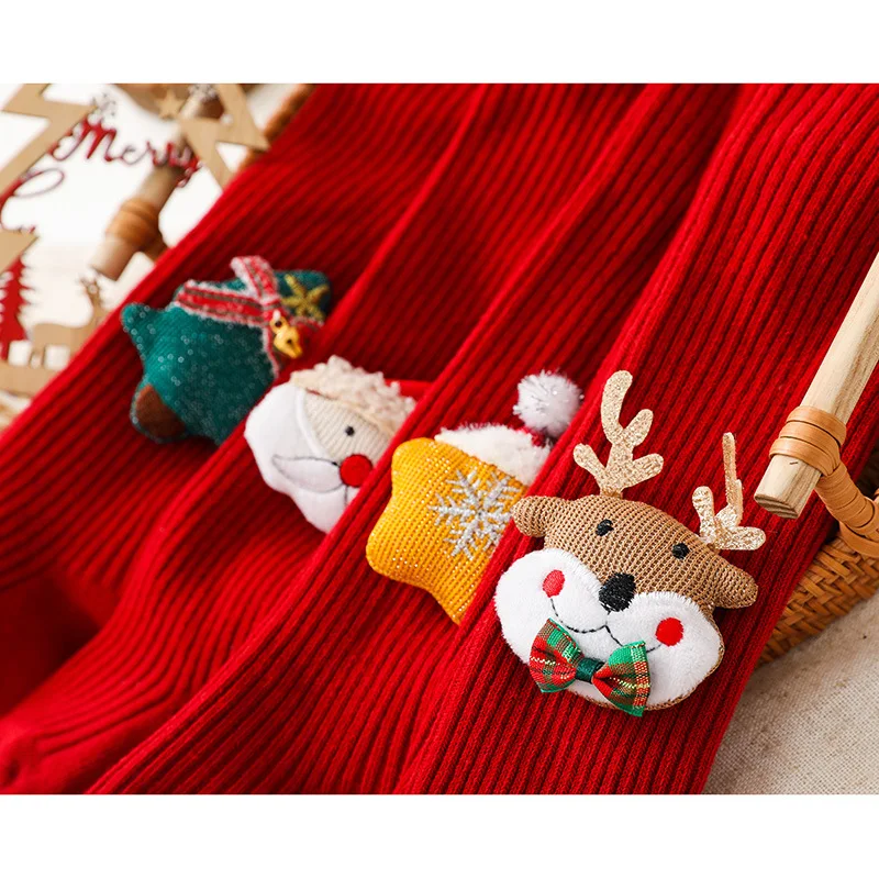 Festive Kids Cartoon Christmas Tights – Soft Cotton Red Leggings for Toddlers and Children
