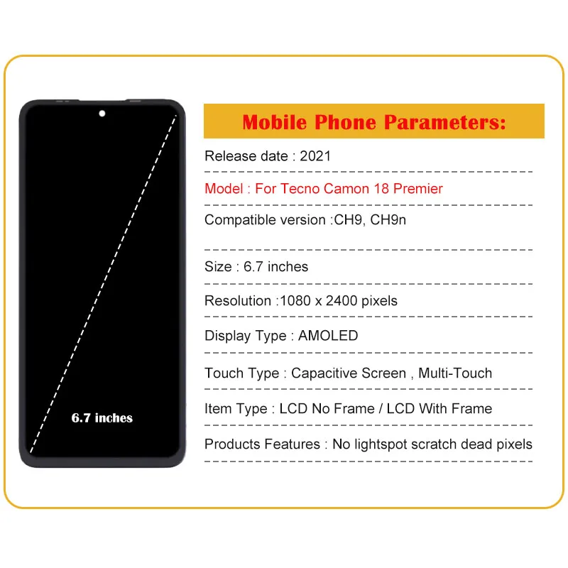 Original Amoled Display Lcd Touch Screen Digitador Assembleia 6.7 Tecno Camon 18 Premier Ch9 Ch9n - Image 3