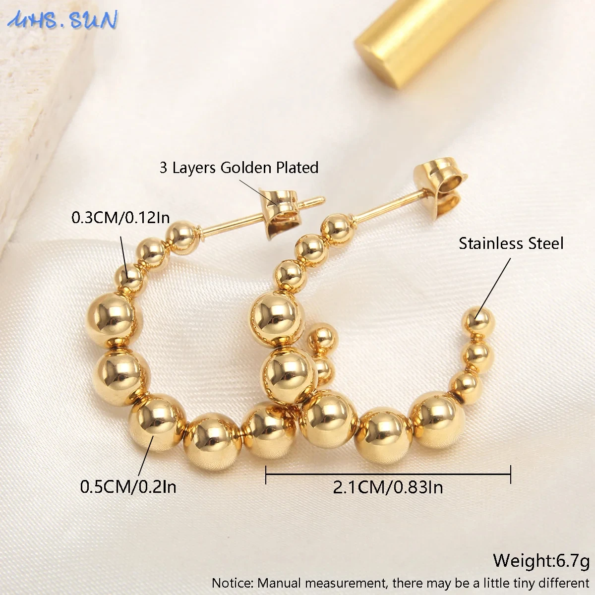 Edelstahl-Kugel-Design-Ohrstecker für Damen, vergoldete Perlen, rundes Kreuz, U-förmiger Ohrring, Ohrschmuck, Geschenke, wasserdicht – Detail 8