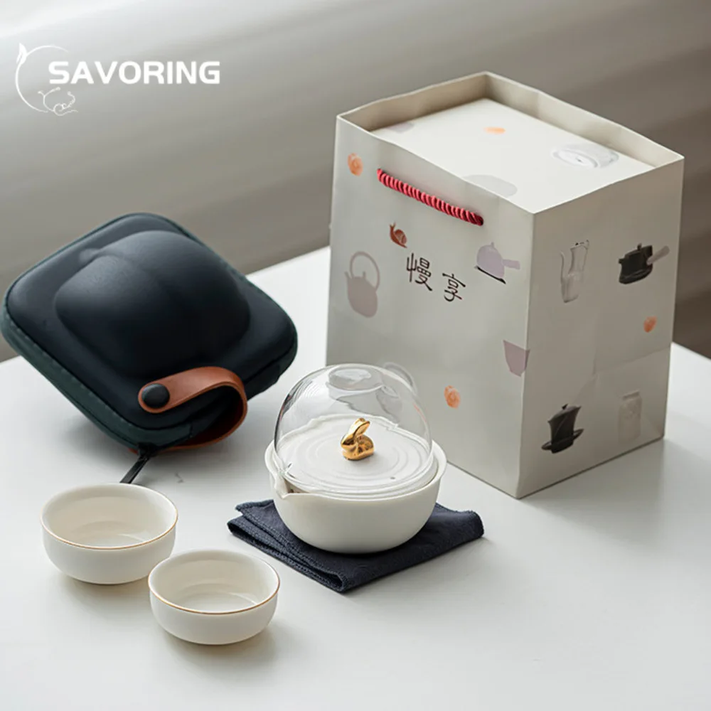 

Creative Golden Rabbit Tea Set Kit Retro 1 Pot 3 Cups Tea Making Camping Travel Tea Set Tote Bag Tea Services Mid-autumn Gift