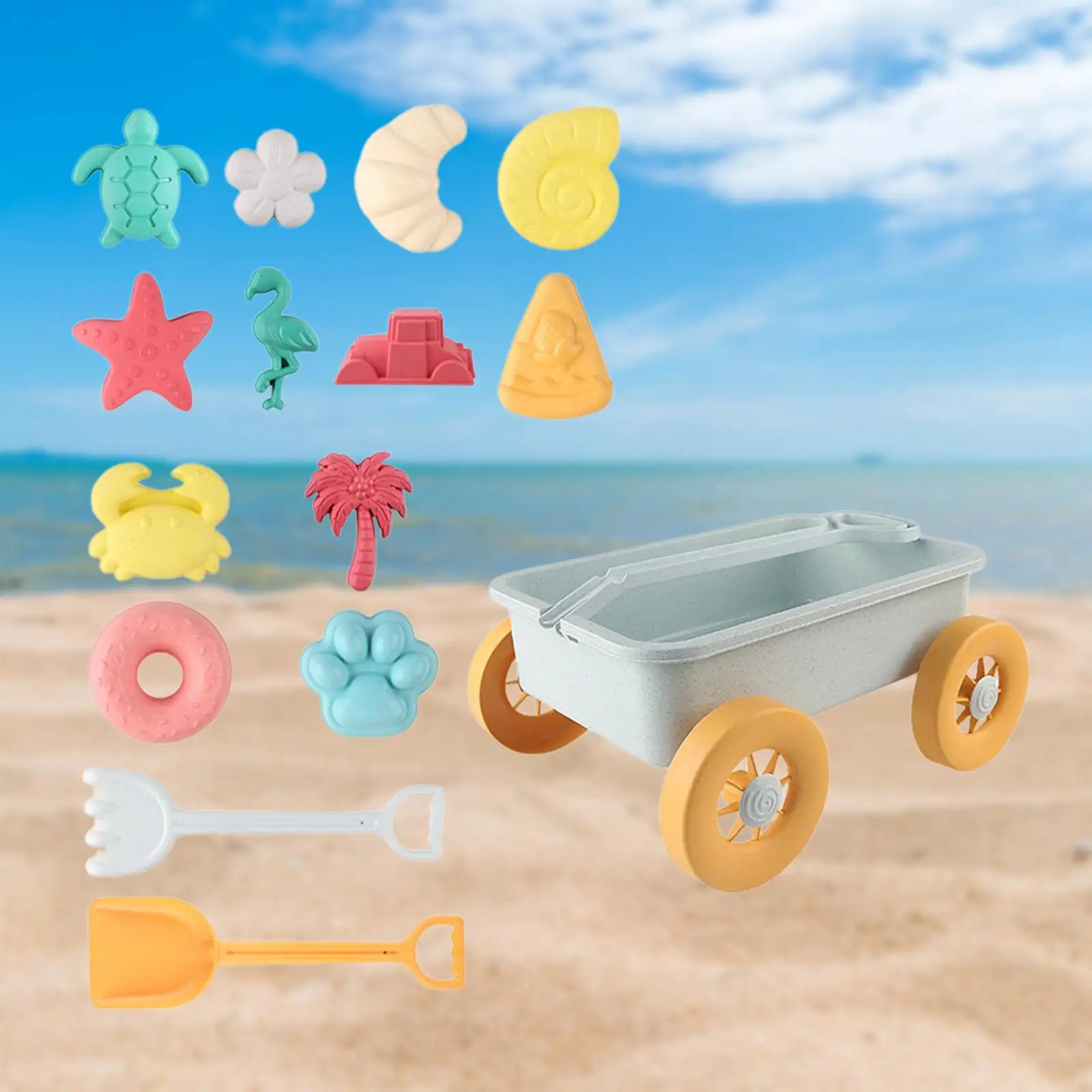 15 Pieces Beach Toys Sand Set,Travel Toys,Includes Sand Models,Petals,Pushcart,Donut,,Turtle,Palm Tree,Beach Toys for Kids